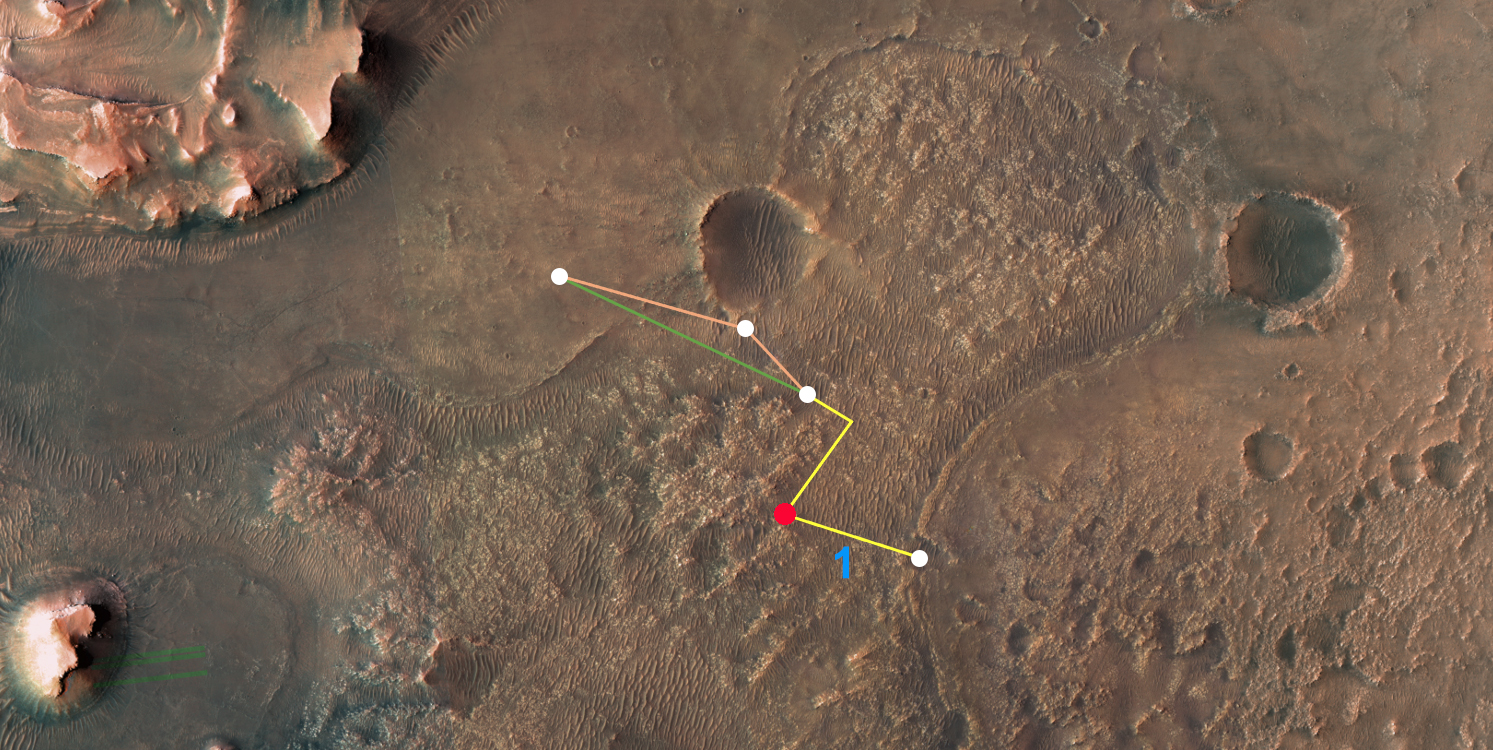 This annotated image depicts the multiple flights – and two different routes – NASA’s Ingenuity Mars Helicopter could take on its trip to Jezero Crater’s delta.