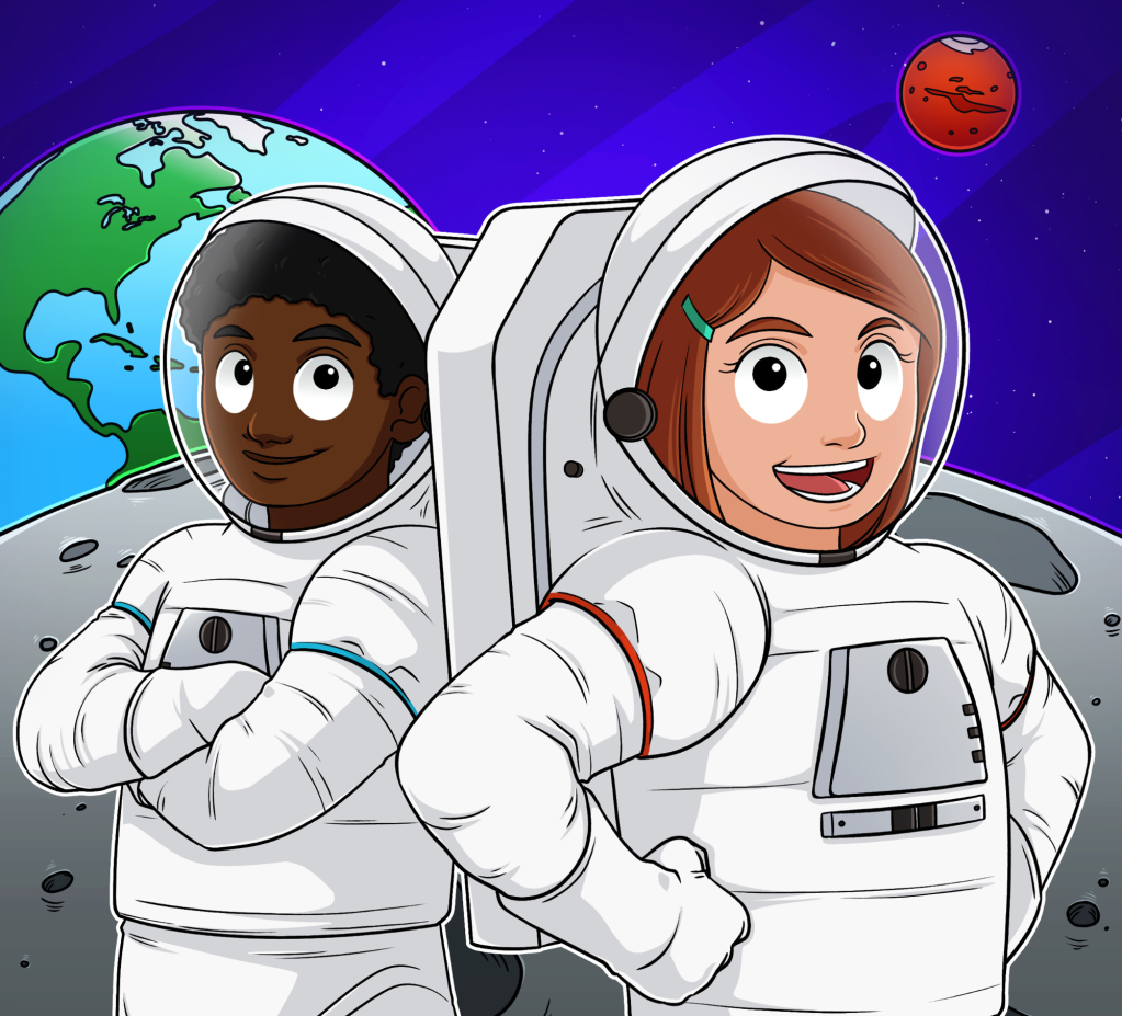 Front cover of Artemis Camp Experience showing two cartoon astronauts with Mars, Earth's moon and Earth in the background