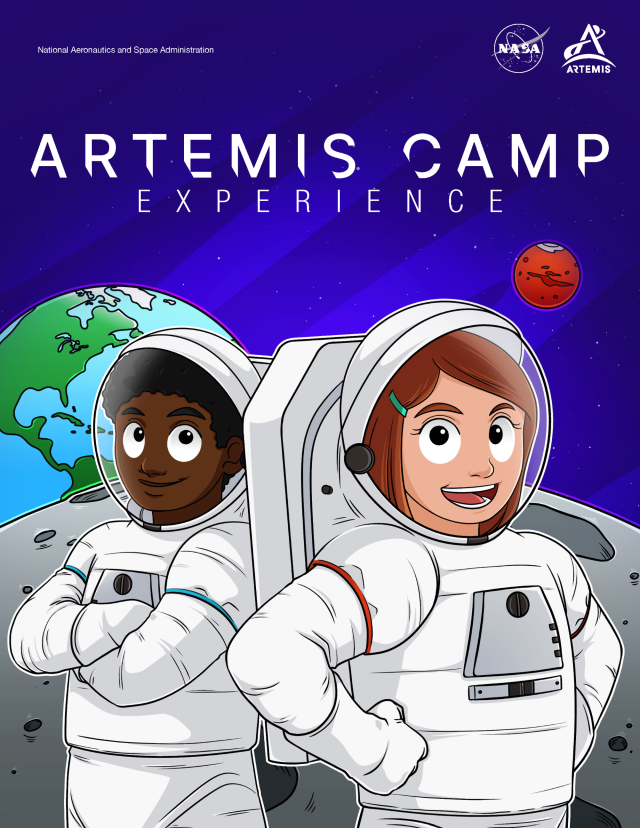 Front cover of Artemis Camp Experience showing two cartoon astronauts with Mars, Earth's moon and Earth in the background