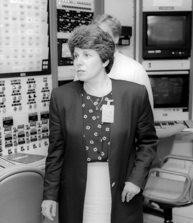 Carol Russo pictured in a control room.