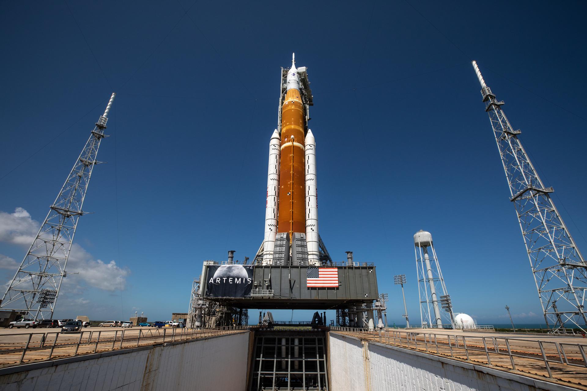 In this view looking up from the flame trench at Launch Pad 39B, NASA’s Space Launch System (SLS) rocket and Orion spacecraft are photographed atop the mobile launcher at the agency’s Kennedy Space Center in Florida on March 18, 2022. 
