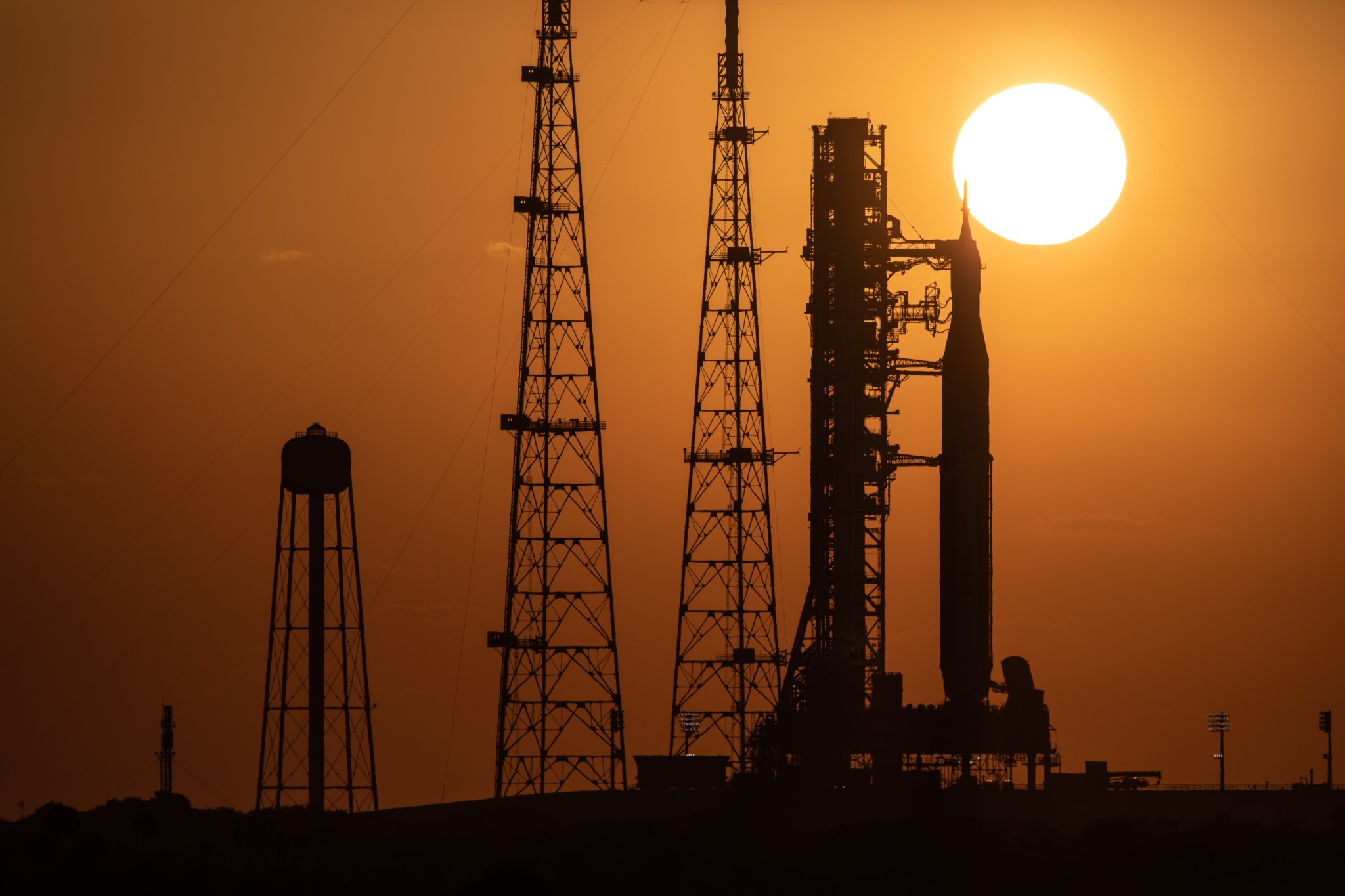 A sunrise view of the Artemis I Space Launch System rocket and Orion spacecraft at Kennedy’s Launch Pad 39B on March 21. 
