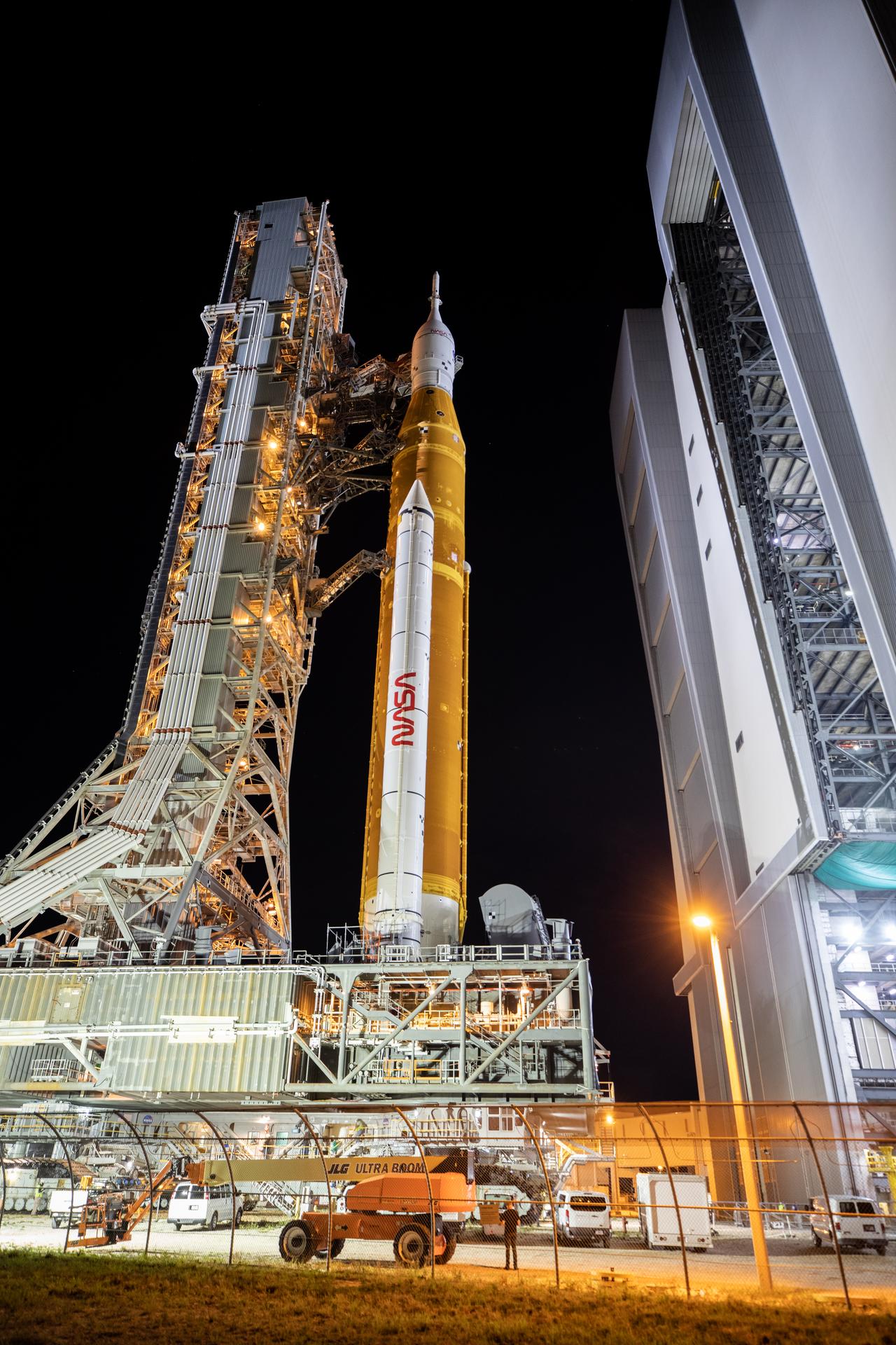 NASA’s Artemis I Moon rocket – carried atop the crawler-transporter 2 – rolls out of the Vehicle Assembly Building at the agency’s Kennedy Space Center in Florida on June 6, 2022, beginning the 4.2-mile journey to Launch Complex 39B. 