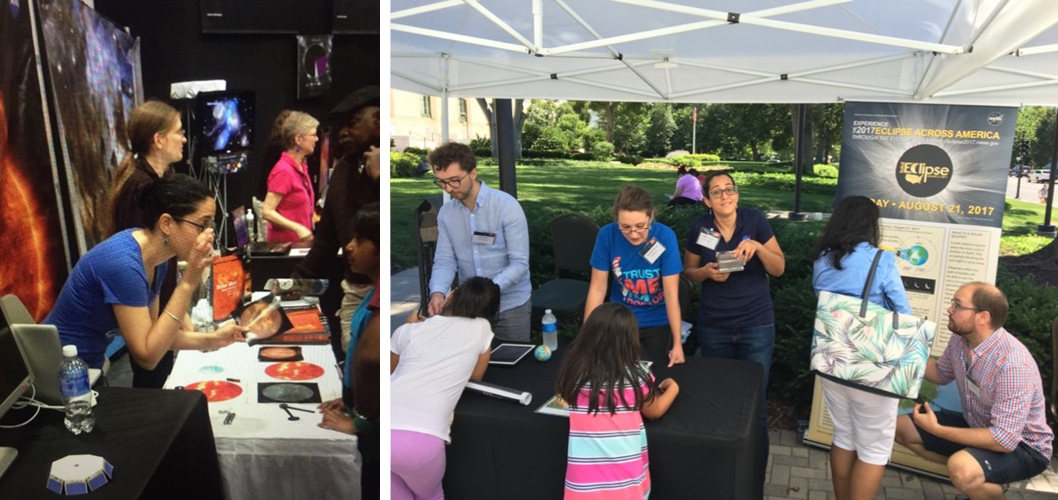 Left: Several scientists sit at a table, speaking with children at an outreach event
Right: A woman and several colleagues speak with children, who are looking at objects on a table