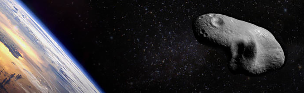 Artist's rendering of an asteroid in space with Earth visible in the background
