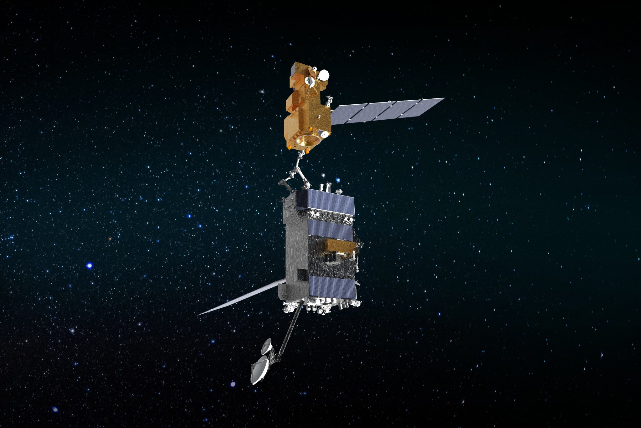 Illustration of OSAM-1 (bottom) capturing Landsat 7. 