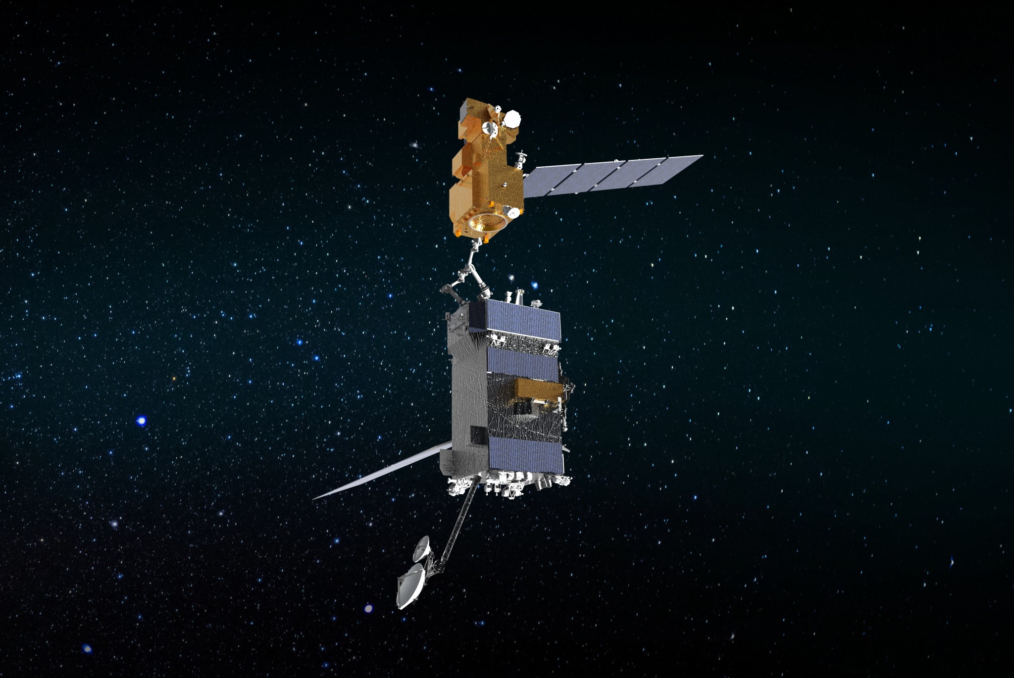 Illustration of OSAM-1 (bottom) capturing Landsat 7. 