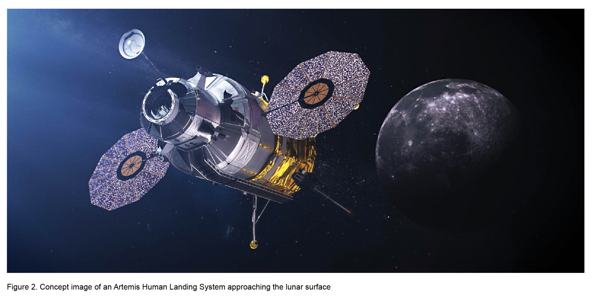 Concept image of an Artemis Human Landing System approaching the lunar surface