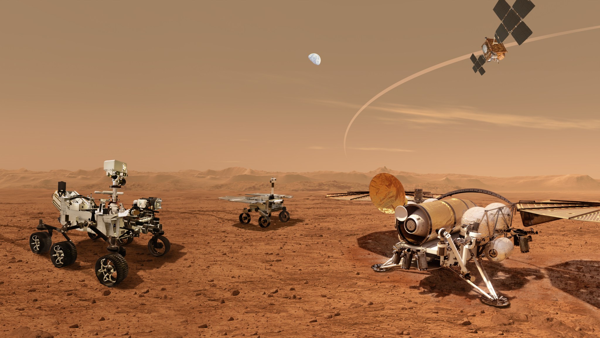 Illustration of multiple robotic landers on Mars surface.