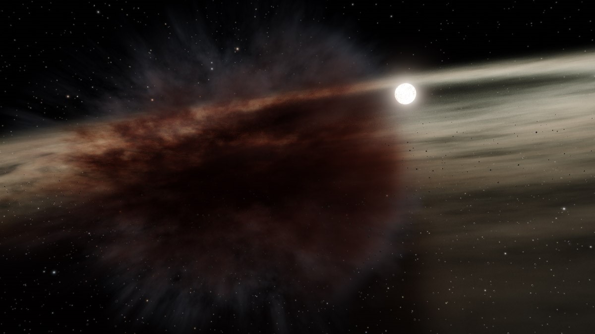 This illustration depicts the result of a collision between two large asteroid-sized bodies