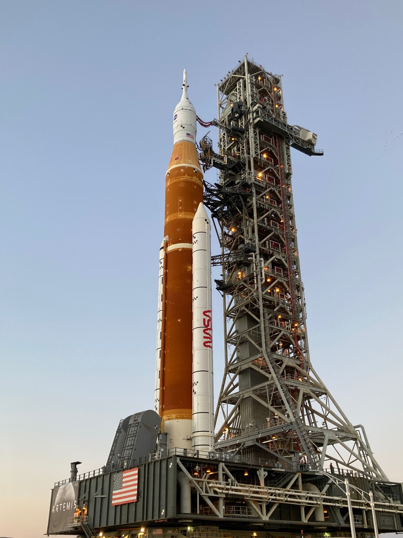 NASA’s SLS rocket with the Orion spacecraft aboard rolls to the launch pad at Kennedy on March 17. 