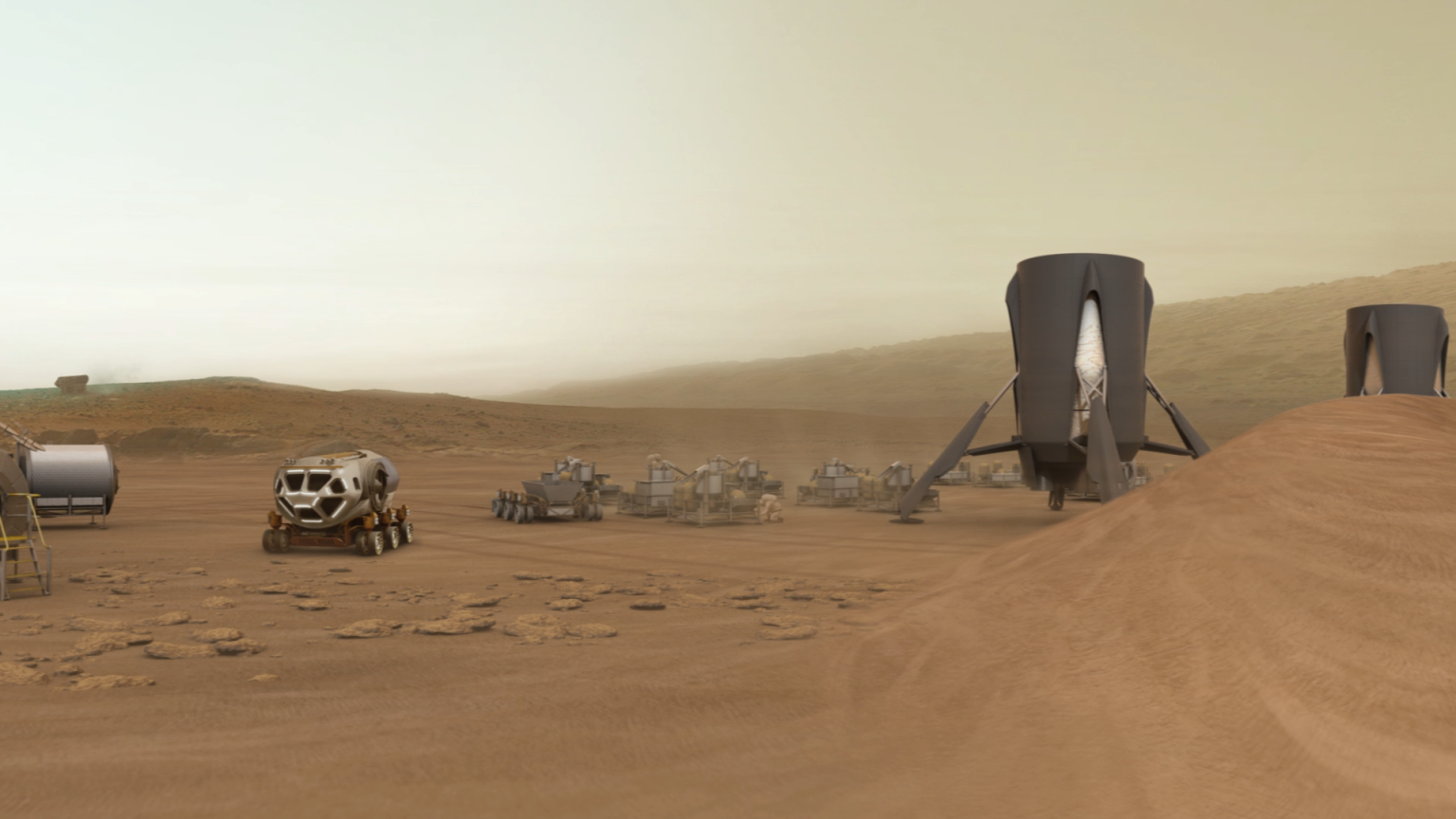 A vehicle is parked next to a Martian base. Cargo can be seen next to the base and vehicle.