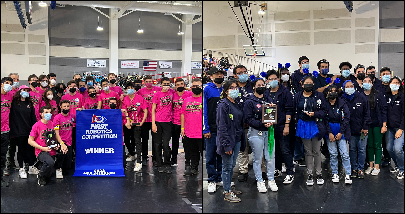 From left: Team 696, aka the “Circuit Breakers,” and Team 6904, the “TeraWatts,” were among seven JPL-sponsored teams that competed in the Los Angeles Regional FIRST Robotics Competition April 1-3, 2022.