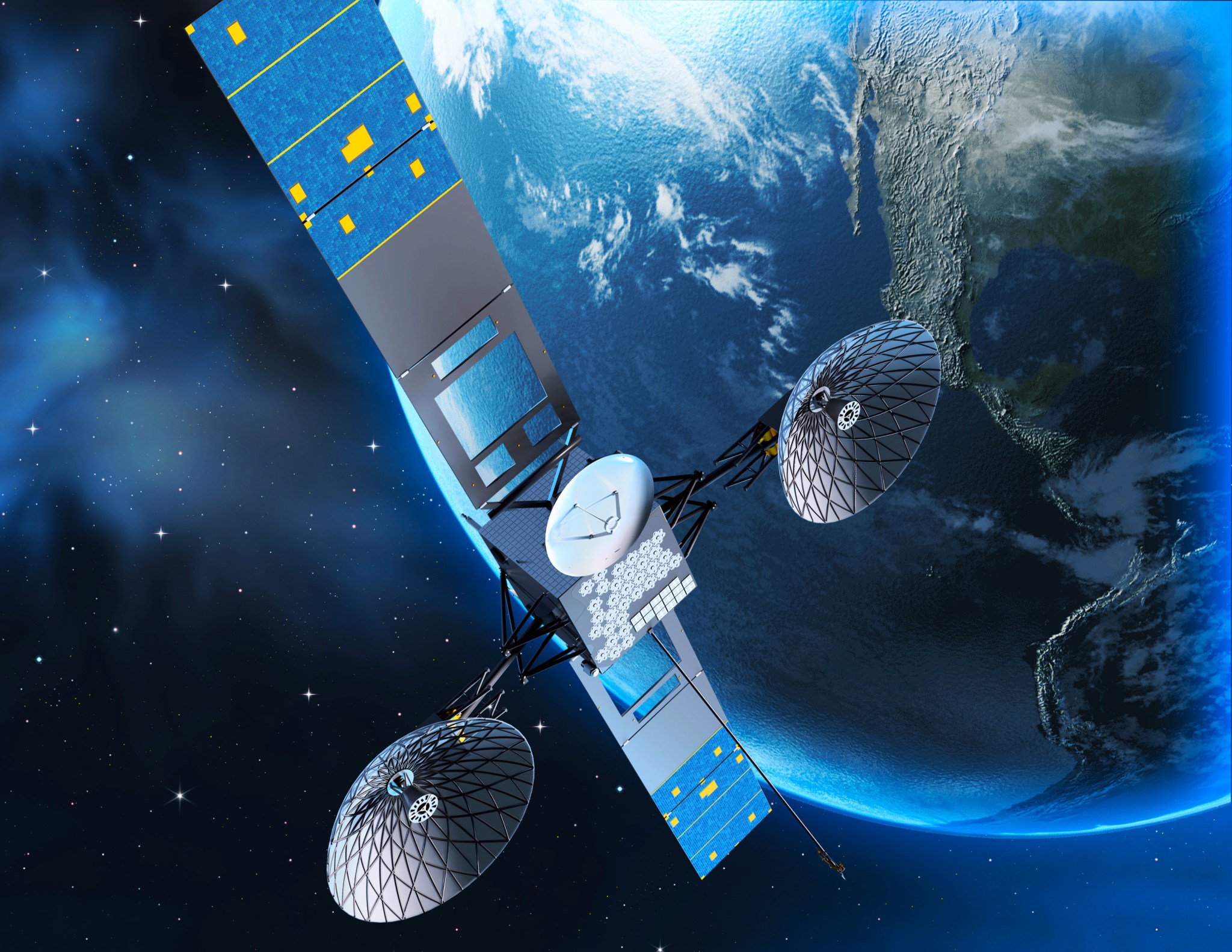 An artist rendering of a NASA Tracking and Data Relay Satellite (TDRS) in orbit.