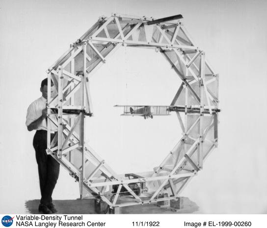 A Variable Density Tunnel balance ring as seen before assembly in the tunnel in November 1922. The VDT balance, as described by Elton Miller in NACA technical report 227, "… consists essentially in a structural aluminum ring which encircles the experiment section, two lever balances for measuring lift, and a third lever balance for measuring drag."