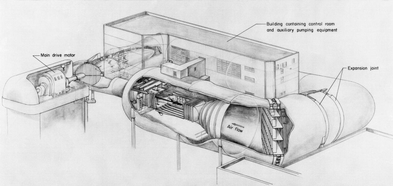 A sketched model of the 8-Foot Transonic Pressure Tunnel from 1953. 