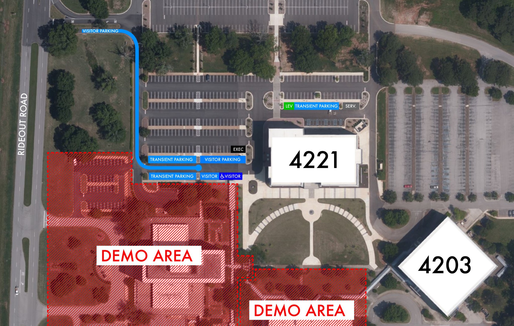 The updated parking layout for Building 4221, Marshall’s new headquarters building. 