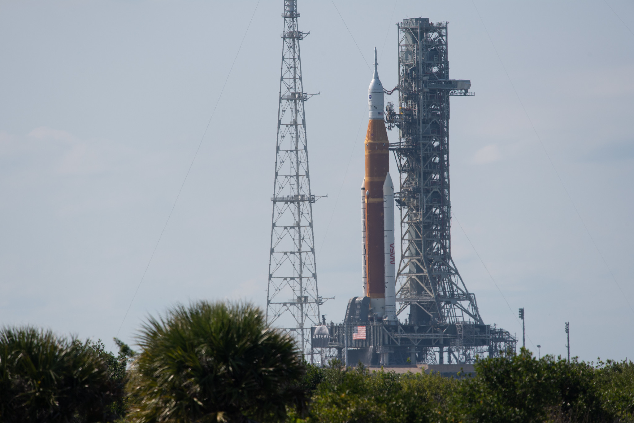 NASA’s Space Launch System (SLS) rocket with the Orion spacecraft aboard is seen atop a mobile launcher at Launch Complex 39B, Monday, April 4, 2022.