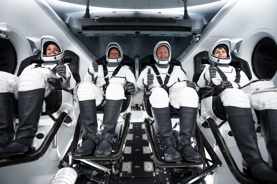 Crew-4 astronauts, from left, Jessica Watson, mission specialist; Bob Hines, pilot; Kjell Lindgren, commander and Samantha Cristoforetti, mission specialist, are positioned inside SpaceX’s Crew Dragon Freedom. Crew-4 launched to the International Space Station from Launch Complex 39A at Kennedy Space Center in Florida at 3:52 a.m. EDT on April 27, 2022.