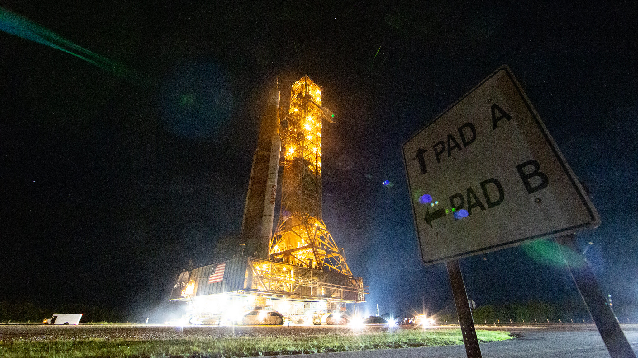 NASA’s Space Launch System (SLS) rocket and Orion spacecraft for the Artemis I mission roll back to the Vehicle Assembly Building on April 26. 