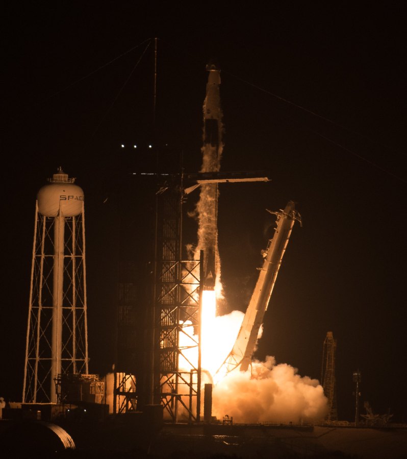 A SpaceX Falcon 9 rocket carrying the company’s Crew Dragon spacecraft is launched on NASA’s SpaceX Crew-4 mission to the International Space Station with NASA astronauts Kjell Lindgren, Robert Hines, Jessica Watkins, and ESA (European Space Agency) astronaut Samantha Cristoforetti onboard, Wednesday, April 27, 2022, at NASA’s Kennedy Space Center in Florida.