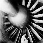 The fan blades in the 8-Foot High-Speed Tunnel in 1936. The researcher is unknown.