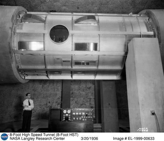 Test section of the 8-Foot High-Speed Tunnel, Building 641, in March 1936. 
