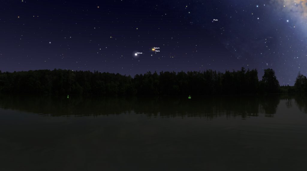 An illustration of the Mars-Saturn conjunction looking east in Huntsville, Alabama, at 6:00 a.m. on the morning of April 4, 2022.