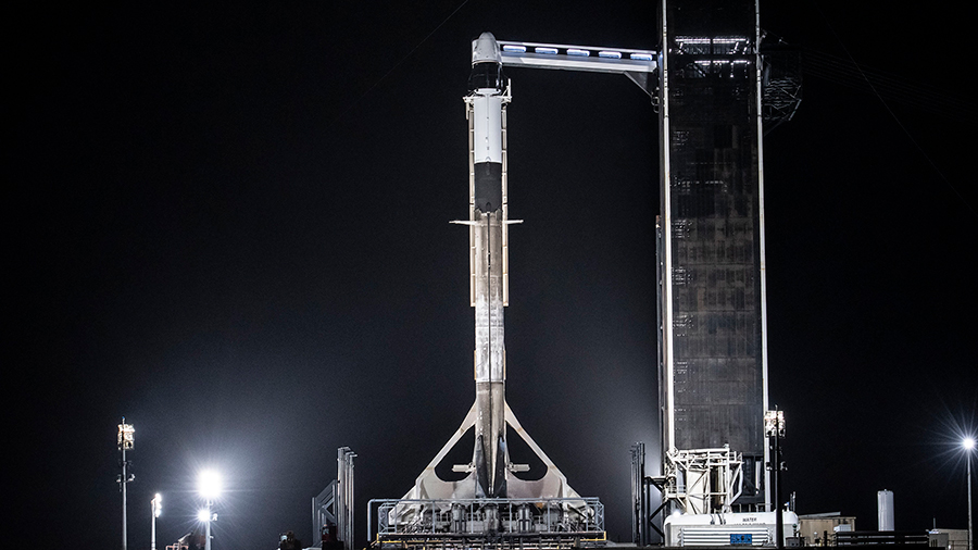 The SpaceX Falcon 9 rocket with the Crew Dragon Endeavour atop stands at the launch pad at Kennedy Space Center in Florida. Credit: SpaceX