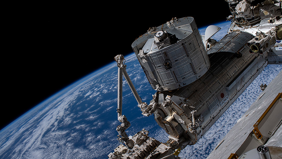 Japan's Kibo laboratory module is pictured as the space station orbited above the Pacific Ocean off the coast of South America.