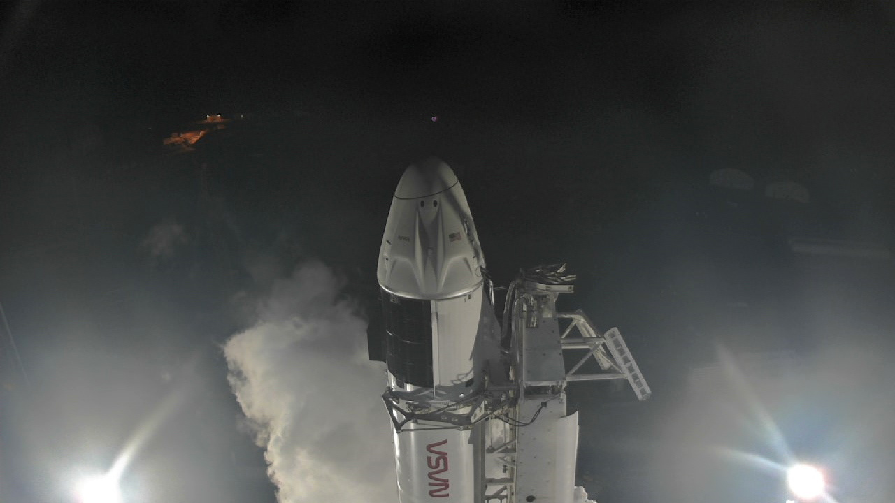 SpaceX’s Falcon 9 rocket with the Crew Dragon atop is seen at Kennedy Space Center’s Launch Complex 39A on April 26, 2022, as fueling commences ahead of the agency’s SpaceX Crew-4 launch.