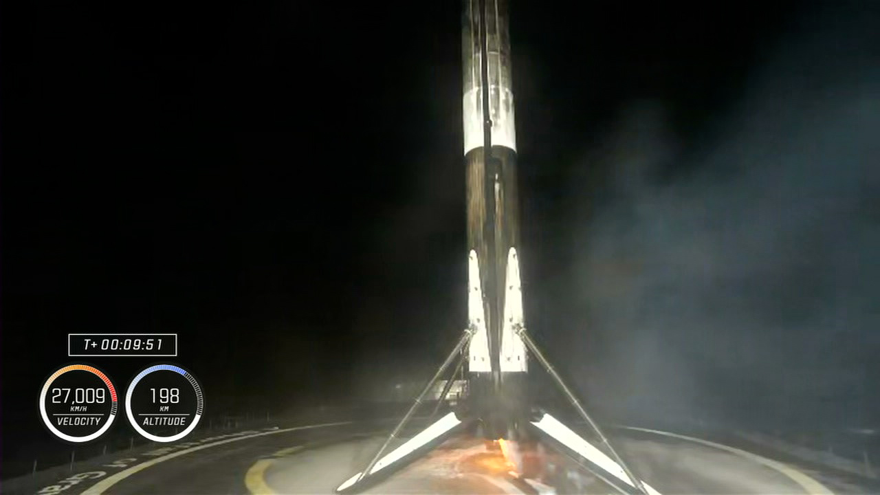 The first stage of SpaceX’s Falcon 9 rocket lands on a droneship in the Atlantic Ocean following launch of NASA’s SpaceX Crew-4 mission on April 27, 2022.