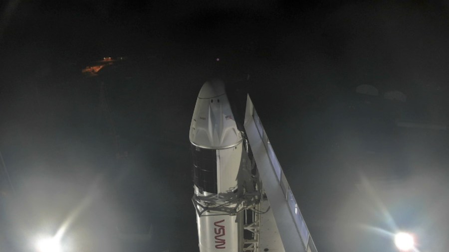 SpaceX’s Falcon 9 rocket with the Crew Dragon atop is seen at Kennedy Space Center’s Launch Complex 39A on April 26, 2022, ahead of the agency’s SpaceX Crew-4 launch.