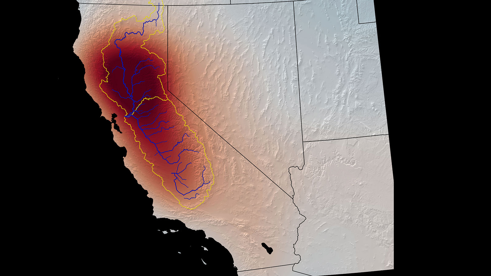 This map shows changes in the mass of water, both above ground and underground, in California from 2003 to 2013, as measured by NASA’s GRACE satellite.