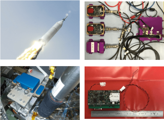 Collage of four pictures of a rocket and electronics