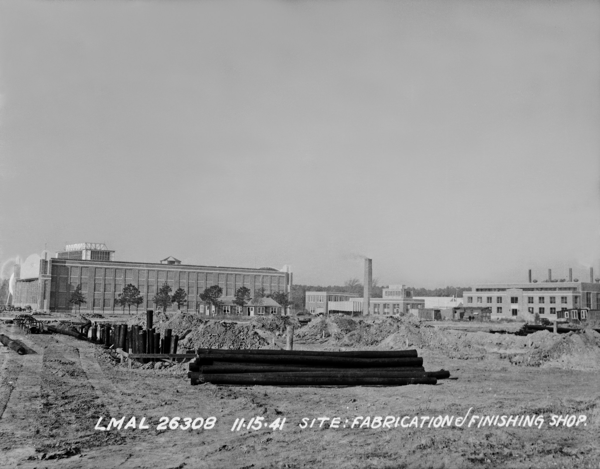 This is a photo of the construction of Building 1194, the Fabrication Shop, which began in 1941.