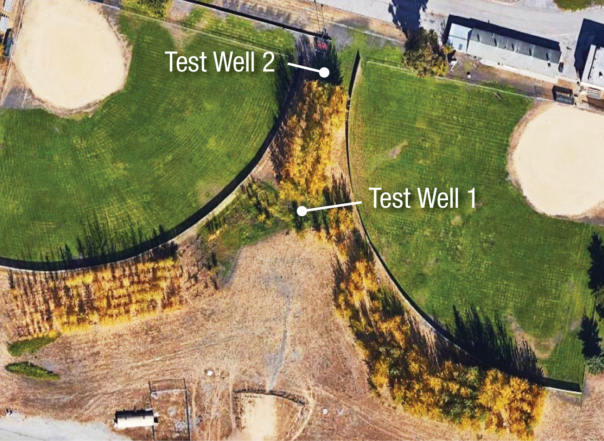 Arial view of Test well 1 and 2 in between two baseball fields.
