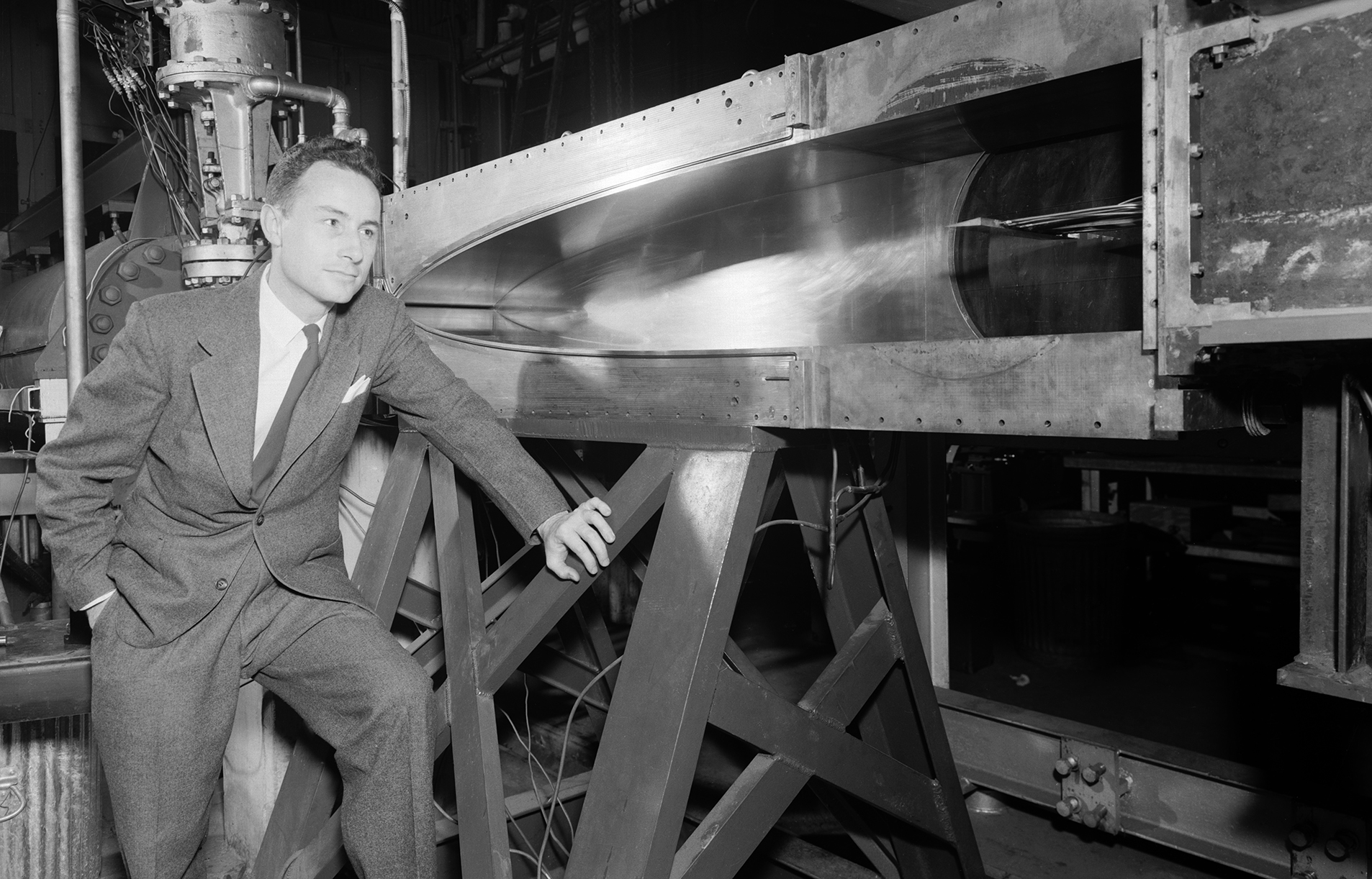 John Becker next to the test section of the 11-Inch Hypersonic Tunnel in Building 1229 in 1950.