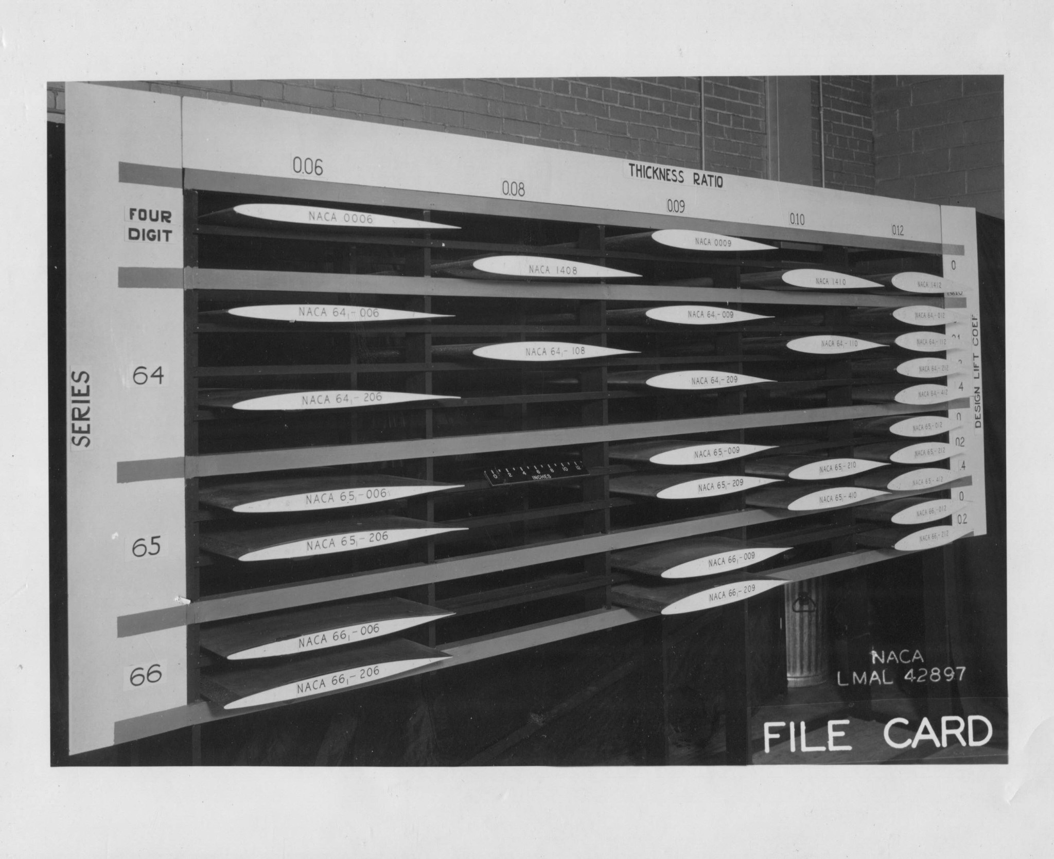 Model rack with various airfoil models used for testing in Building 583, circa 1945.