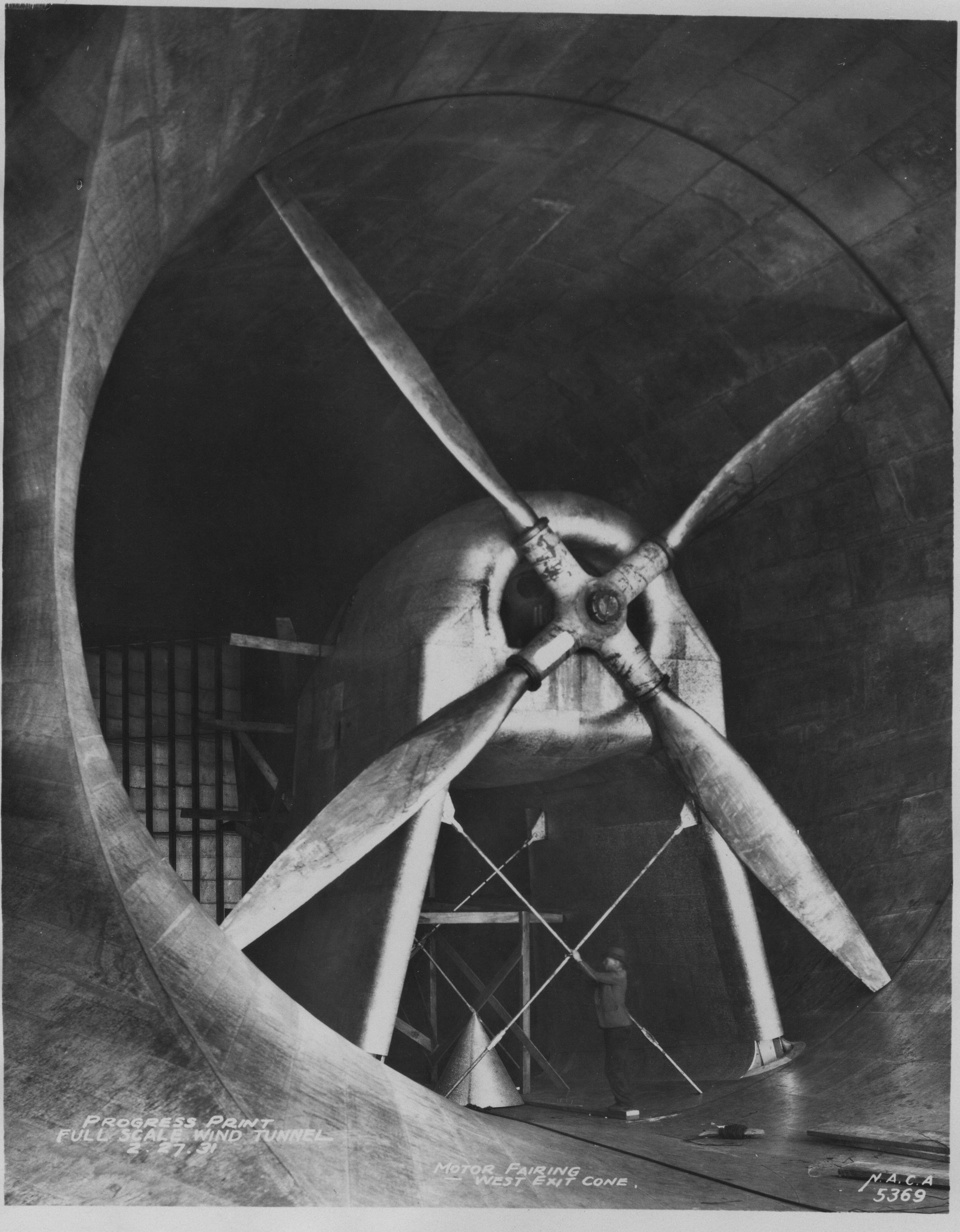 An airplane’s motor fairing undergoing testing in the West Exit Cone of the Full-Scale Tunnel on Feb. 27, 1931.