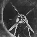 An airplane’s motor fairing undergoing testing in the West Exit Cone of the Full-Scale Tunnel on Feb. 27, 1931.