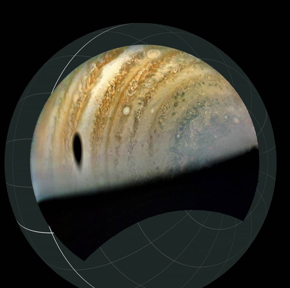 Illustration of the approximate geometry of the Ganymede's shadow projected onto a globe of Jupiter.