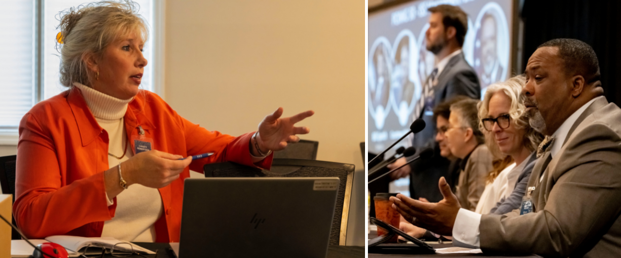 Christy Robertson, left,  and Dwight Mosby, right, speak at the biannual Payload Operations Integration Working Group meeting April 19