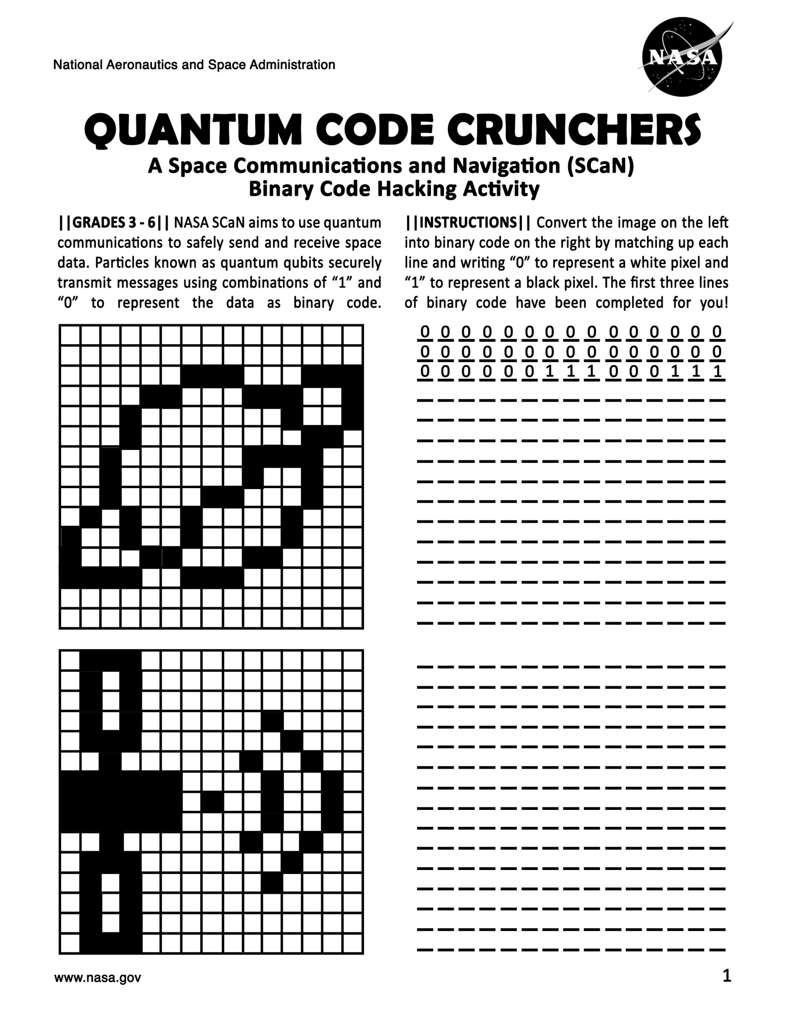 Worksheet with four grids. Text reads: Quantum Code Crunchers, a Space Communications and Navigation (SCaN) Binary Code Hacking Activity.