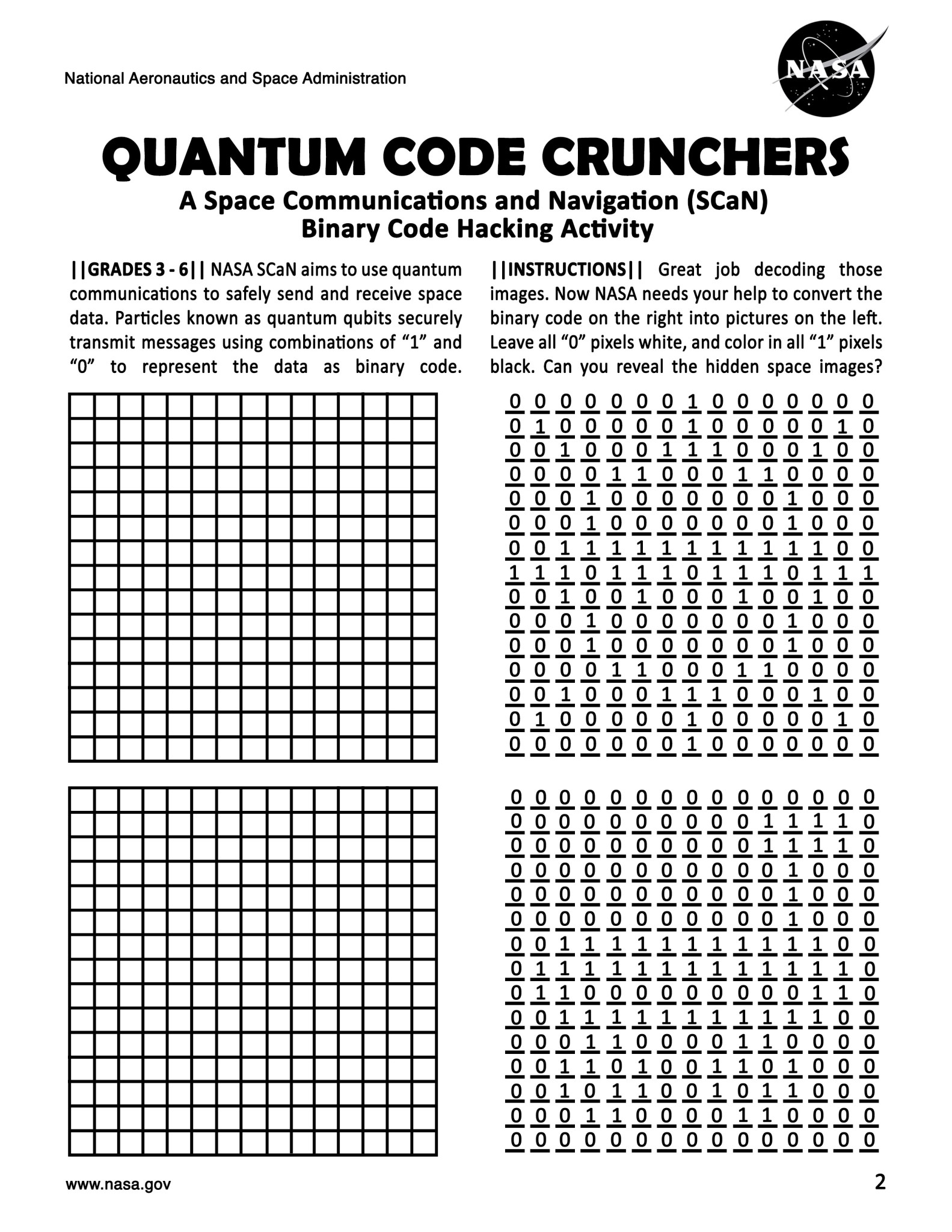 Worksheet with four grids. Text reads: Quantum Code Crunchers, a Space Communications and Navigation (SCaN) Binary Code Hacking Activity.