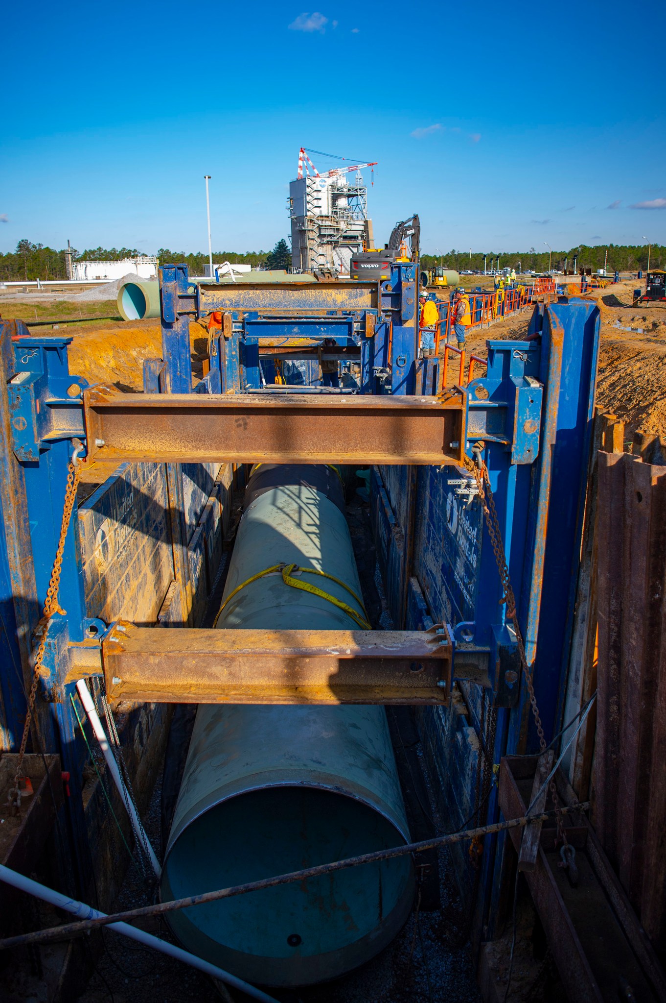 Crews use a shoring system to hold back soil March 23, 2022, as they install new 75-inch piping leading from Stennis Space Center’s High Pressure Industrial Water Facility to the valve vault pit serving the Fred Haise Test Stand.