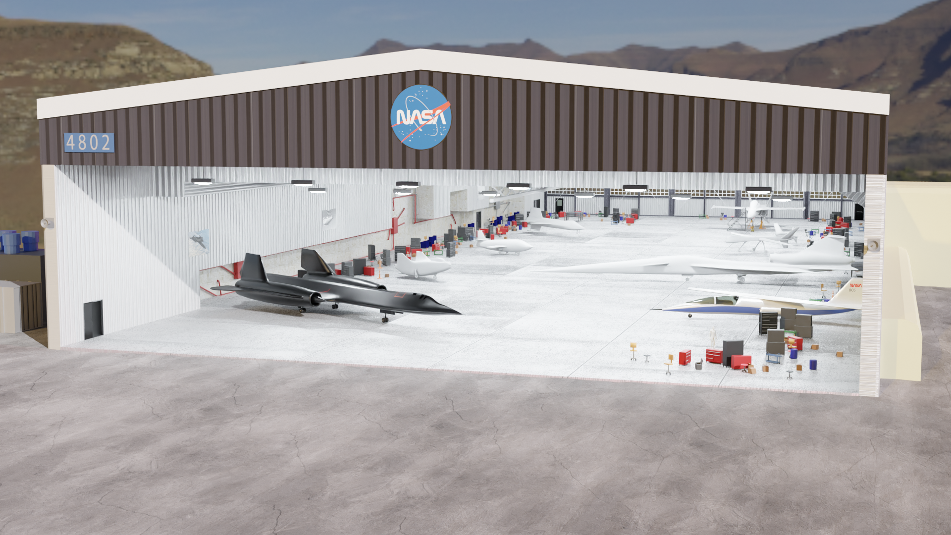 Artist rendering of an open hangar with aircraft inside it.