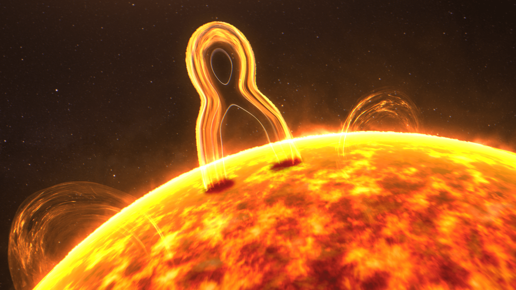 An illustration shows the edge of the Sun. Above it rises a figure-eight shaped prominence, where the center is pinched inward.