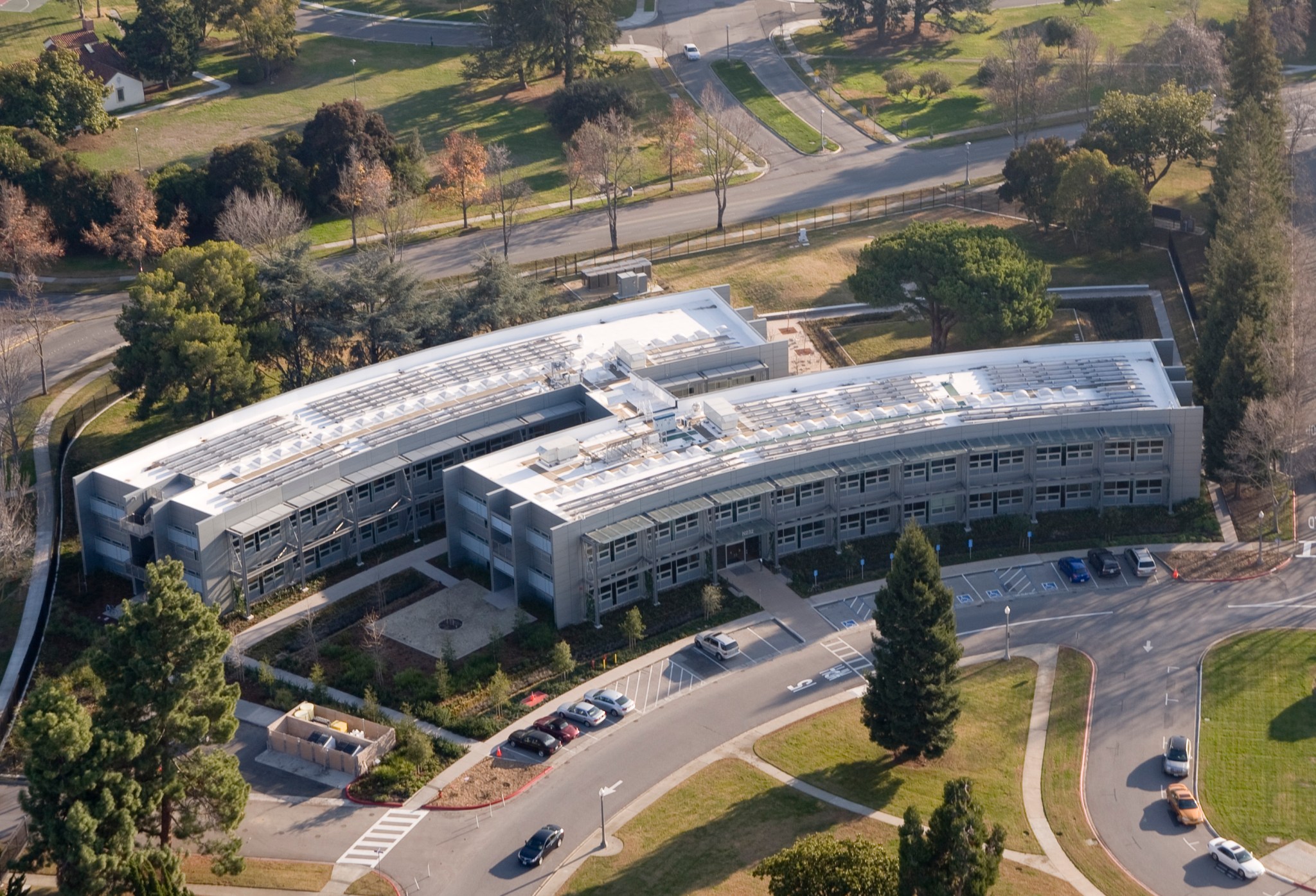 An aerial view of Sustainability Base at NASA’s Ames Research Center in California’s Silicon Valley