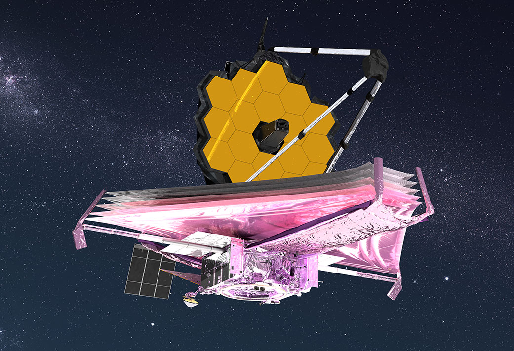 In this illustration, the multilayered sunshield on NASA’s James Webb Space Telescope stretches out beneath the observatory’s honeycomb mirror